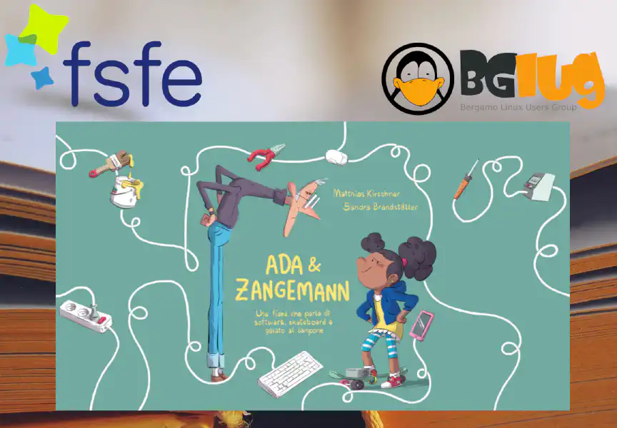 Event image with an open book in the background; in the center, the cover of the book Ada and Zangemann, and at the top, the logos of BgLUG and FSFE.