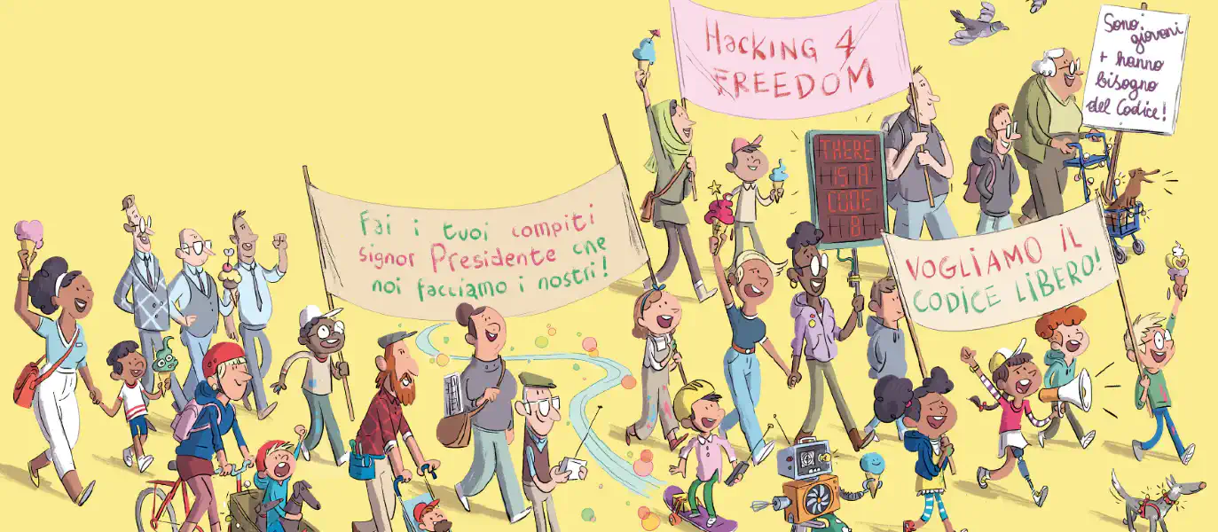 An image from the book Ada&Zangemann in which it depicts people marching to demonstrate for free software